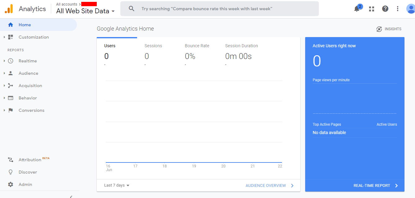 User explorer: Google analytics home page